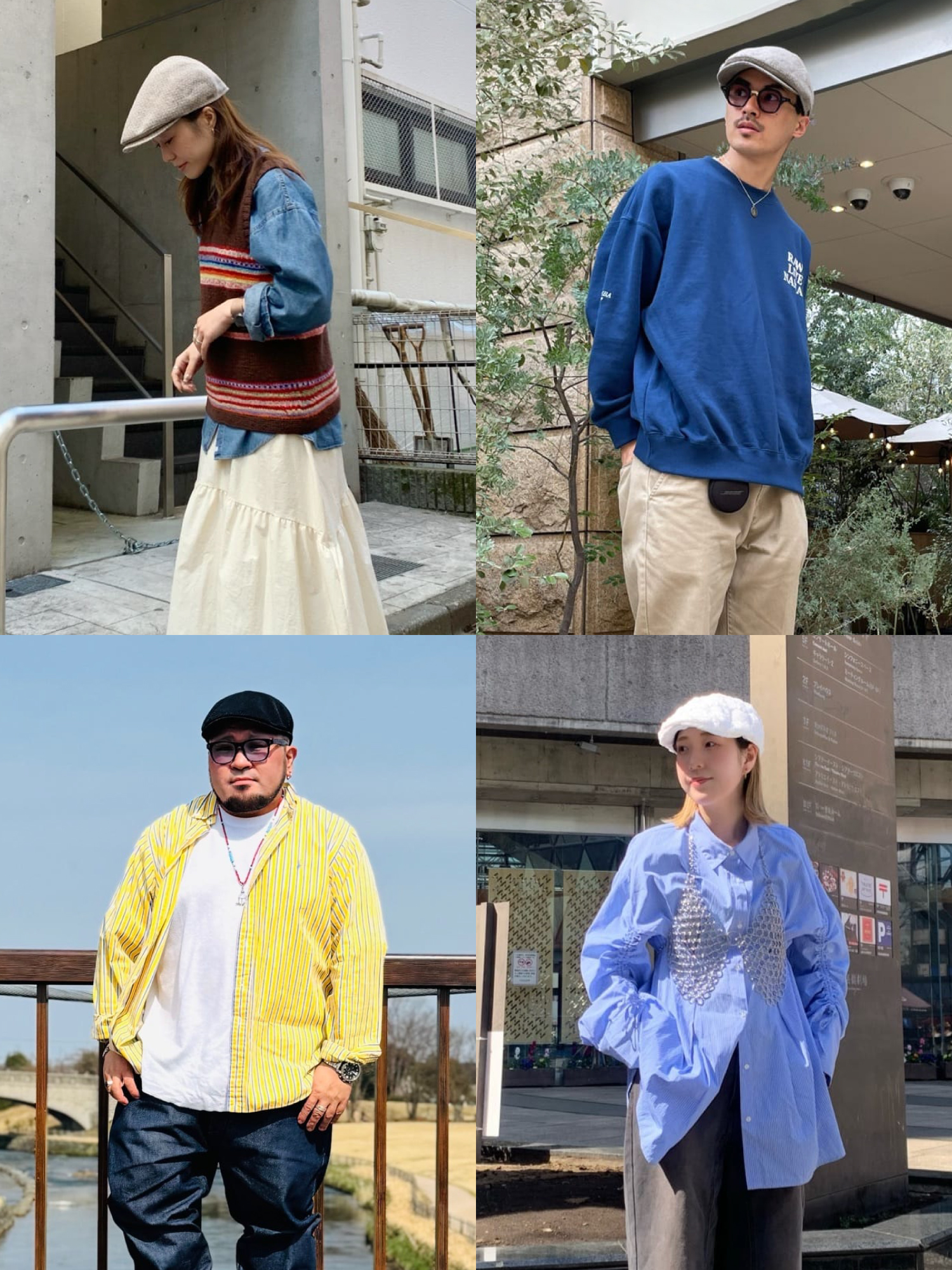 カラー鹿男女カップルの野球帽ファッションはハンチング帽に